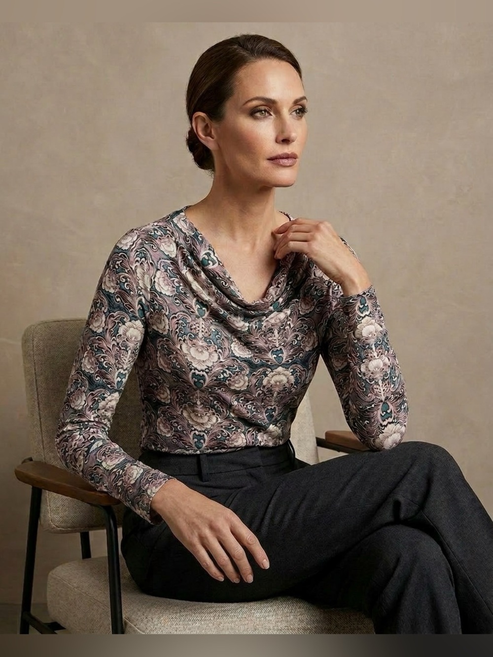 Talbots Top Size L Multicolor Floral Print Cowl Neck Shirt workwear mature